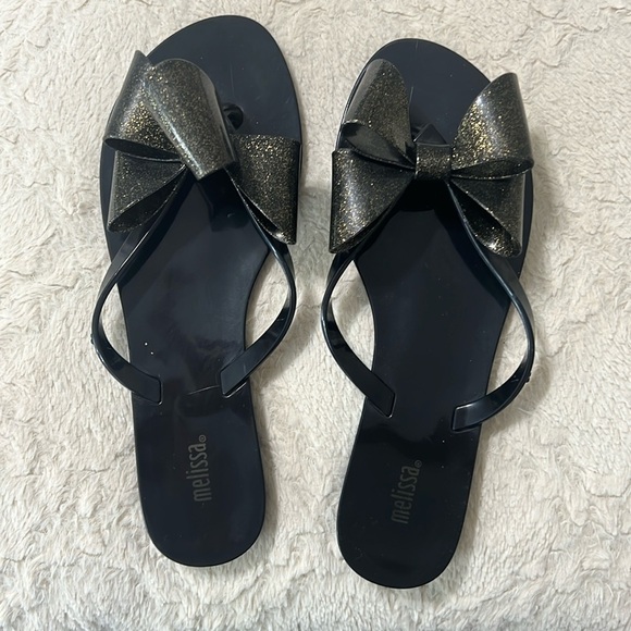 Melissa Shoes - Melissa Black and Gold Glitter Bow Sandals Size 8